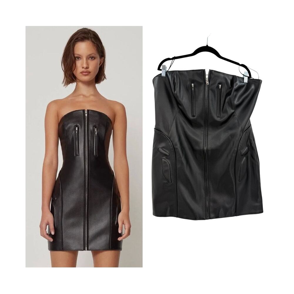 NWT Khy Faux Leather Strapless Mini Dress Black Bodycon Zip Front‎ Size Plus 2X